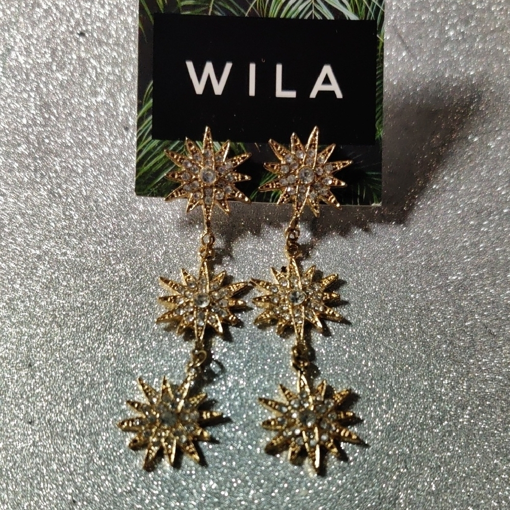 Gold Dangle Starburst Earrings - Picture 1 of 4